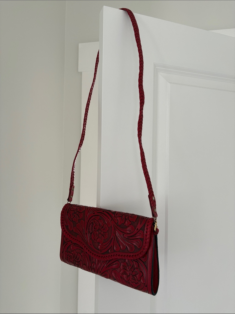 Hand-Tooled Red Leather Crossbody Bag